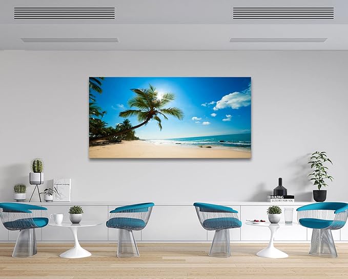 Muolunna X0675 Large Canvas Wall Art Summer Ocean Waves Prints Coconut Trees Beach Seascape Painting Hawaii Sea Nature Pictures Stretched and Framed for Living Room Home Office Wall Decor Artwork, 30x60inch x1pcs