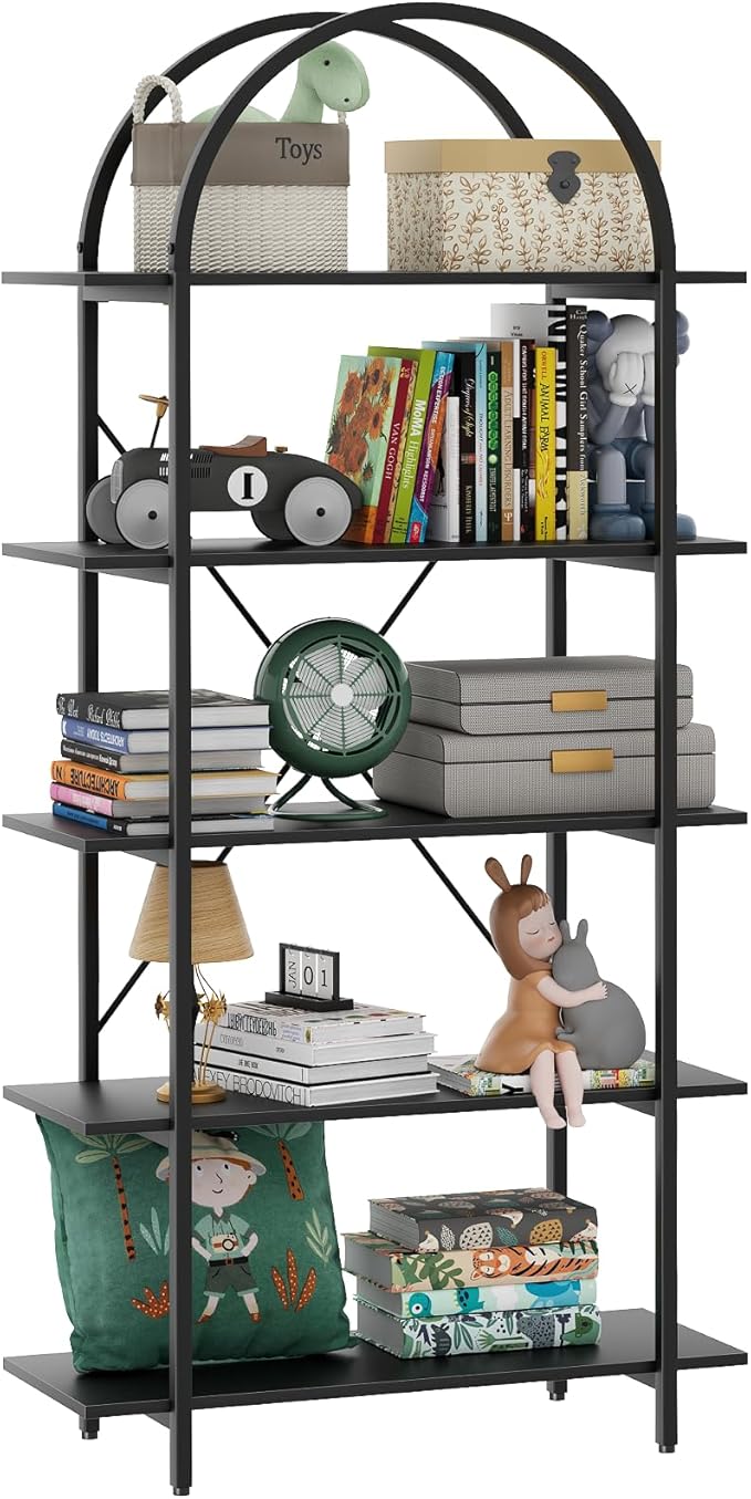 Arched Bookshelf 5 Tier Book Shelf, 31.5 Inch Width Industrial Arch Bookcase, Curved Tall Bookshelf with Open Shelves for Home Office, Living Room, Bedroom, Black