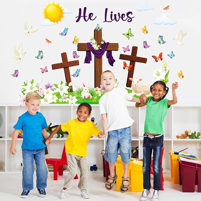 Funrous Easter Classroom Decorations Easter Christian Bulletin Board Set Religious Bunny Cross Cutouts for Spring School Sunday Home Church Wall Door(Christian)
