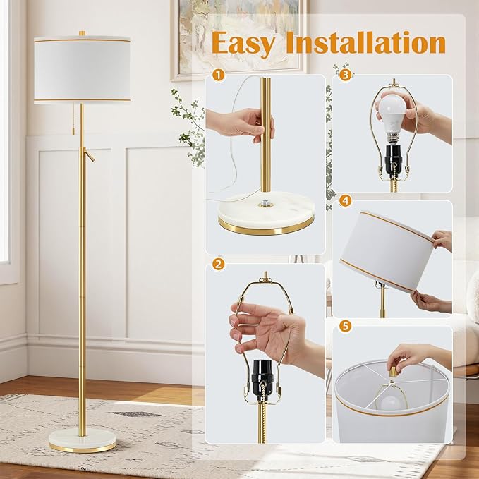 GyroVu Marble Floor Lamp for Living Room, Adjustable Height Standing Lamp with Marble Base Tall Lamp with White Shade Floor Lamps for Bedroom & Office Bulbs Not Included(Gold)