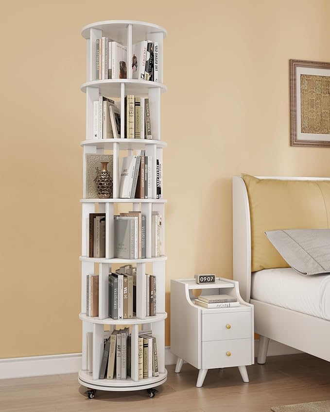 Rotating Bookshelf, 6 Tier Solid Wood Bookshelf Tower with Lockable Wheels, 360° Spinning Revolving Bookcase for Small Spaces, Corners, Bedroom, Kids Room, Home Office, White