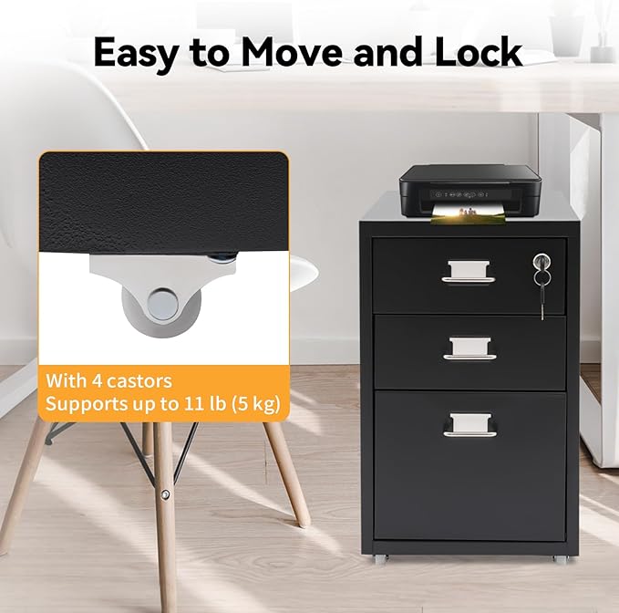 3 Drawer File Cabinet, Lockable Small Filing Cabinet for Home Office, with Wheels, Fits A4 / Letter Size, Steel Office File Cabinets (Black)