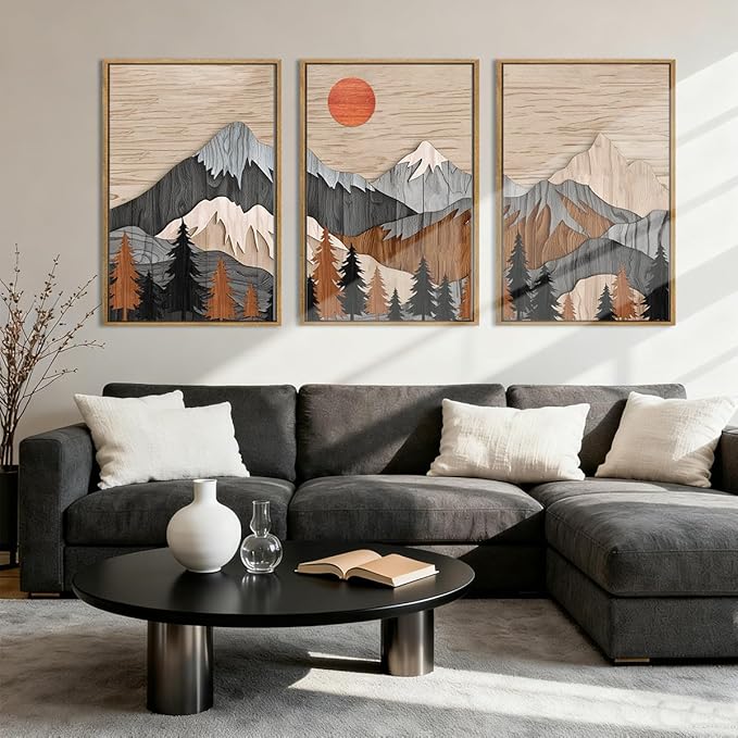 ANHUIB Mountain Wall Art 16x24 Inch Large Forest Wall Decor Woodcut Pine Tree Illustration Nature Wilderness Art Print Abstract Landscape Painting Set of 3 for Living Room Bedroom Office