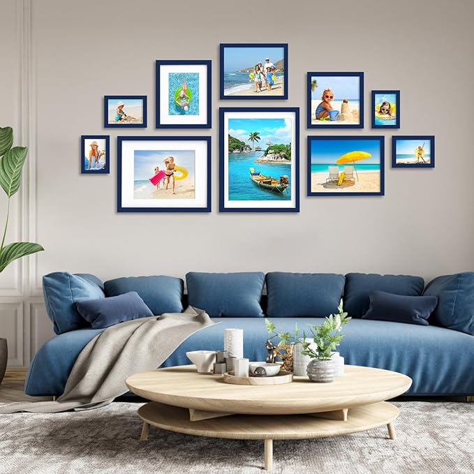 Egofine 9x12 Picture Frames 4PCS Covered by Plexiglass, Wood Frames for Pictures 5x7/6x8 with Mat or 9x12 without Mat, Tabletop and Wall Mounting Display, Navy Blue