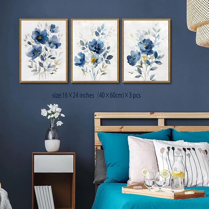 KISSFOX Framed Colorful Wildflower Blue Canvas Wall Art Set Of 3 Flowers Pictures Prints Flowers Printing Floral Watercolors Flower wall Decor Living Room Girls Bedroom Bathroom