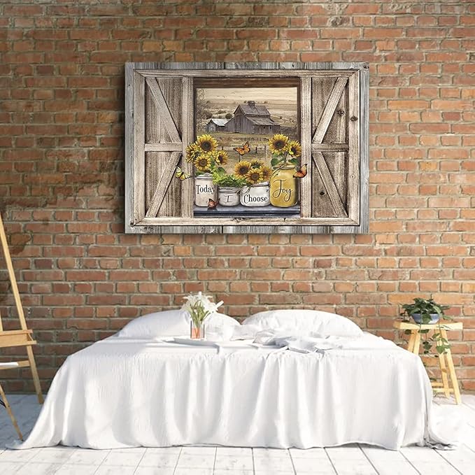Parylore Sunflower Wall Art Canvas Print Rustic Wall Decor Faux Barn Doors Sunflower Jars On Barn Painting Picture Framed Modern Farmhouse Artwork for Living Room Bathroom Office Home Decor 16x24 In