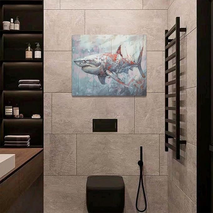 yerretin Ocean Shark Wall Art Nautical Shark Pictures Wall Decor Beach Coastal Undersea Canvas Painting Modern Artwork Home Decorations for Bathroom Bedroom Living Room Office Framed 20"x16"