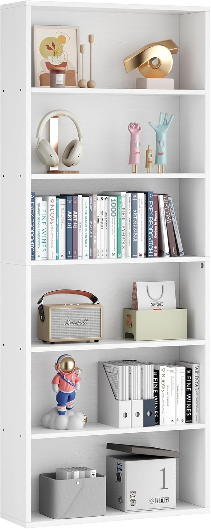 Vongrasig 6-Tier Open Bookcase and Bookshelf, Floor Standing Wood Display Storage Shelves 71 Inch Tall Bookcase Home Decor Furniture for Home Office, Living Room, Bed Room, White
