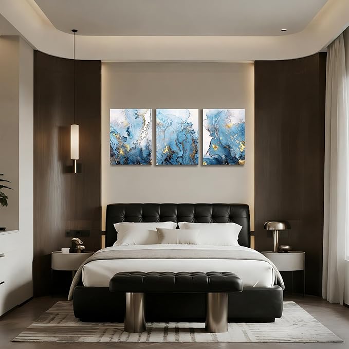 SERIMINO Blue Abstract Canvas Wall Art for Living Room, Navy and Gold Fluid Marble Wall Decor for Bedroom, Bathroom, Office, Home Decor, Set of 3 Print Painting, 20"X28"