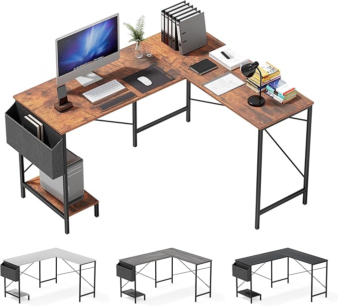 L Shaped Desk - 50" Reversible Home Office Computer Desk, Wood Top, Metal Frame, Side Bag, Sturdy Gaming Desk Corner Table for Work, Writing and Study, Space-Saving