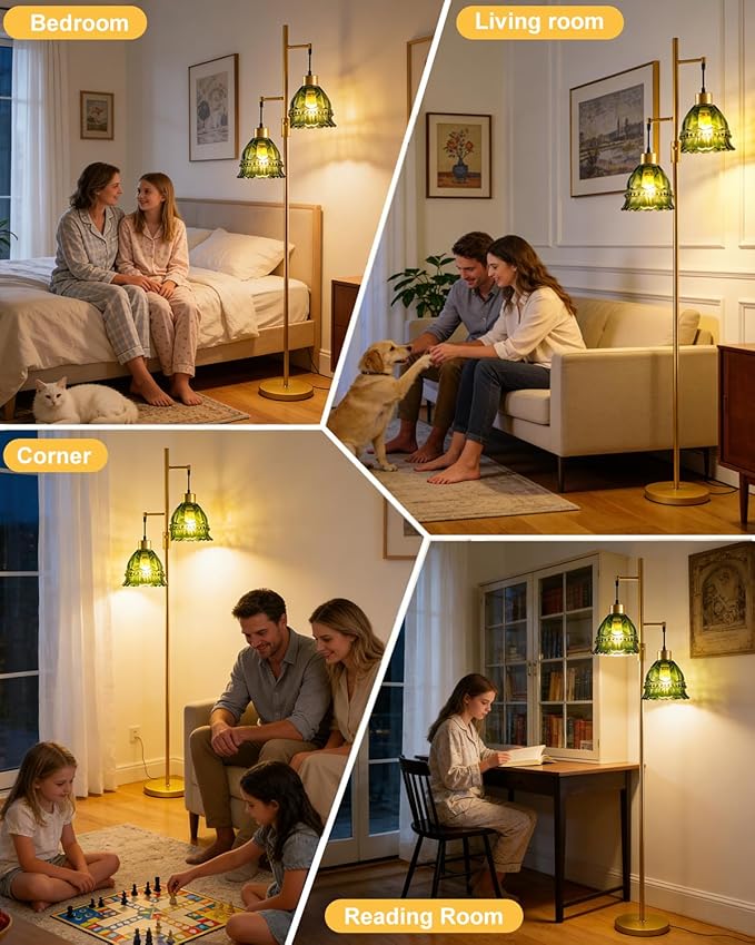 Lightdot 65IN Glass Floor Lamp for Living Room, 2- Light Gold Flower Floor Lamps with Green Glass Lampshade, 3000K Warm White Modern Standing Tall Lamp for Bedroom Corner