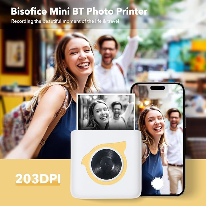 L8 Mini Thermal Printer, Portable Wireless BT 4.0 Label Maker for Photos Lists Barcodes, with 1 Roll 58mm Thermal Paper, Kids Students Office (Yellow)