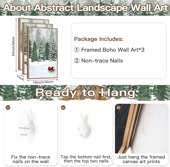 CHDITB Santa Claus Reindeer Sleigh Framed Canvas Wall Art(16"x24"), 3 Panels Christmas Winter Holiday Artwork Prints, Large Rustic Xmas Gift Snow Scene Forest Landscape Decor for Home Office Bedroom