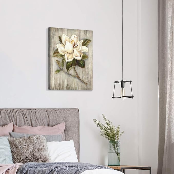 UTOP-art Floral Canvas Wall Art Painting White Rose Flower Green Leaves Hand Painted Texture Picture Artwork For Bedroom plant wall decor Bathroom Walls (18'' x 24'' x 1 Panel)