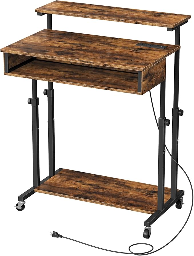Computer Desk, Standing Desk on Wheels, Rolling Desk with Charging Station, Height-Adjustable Laptop Desk, for Living Room, Home Office, Rustic Brown and Black TDN08UBF