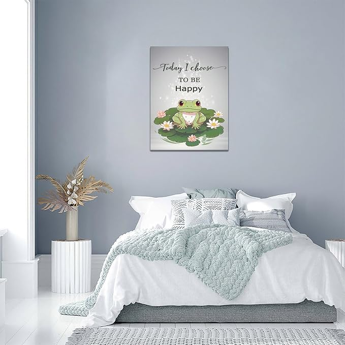 yerretin Frog Wall Art Funny Frog Lotus Pictures Wall Decor Flower Canvas Painting Modern Artwork Home Decorations for Bathroom Living Room Bedroom Office Framed 12"x16"