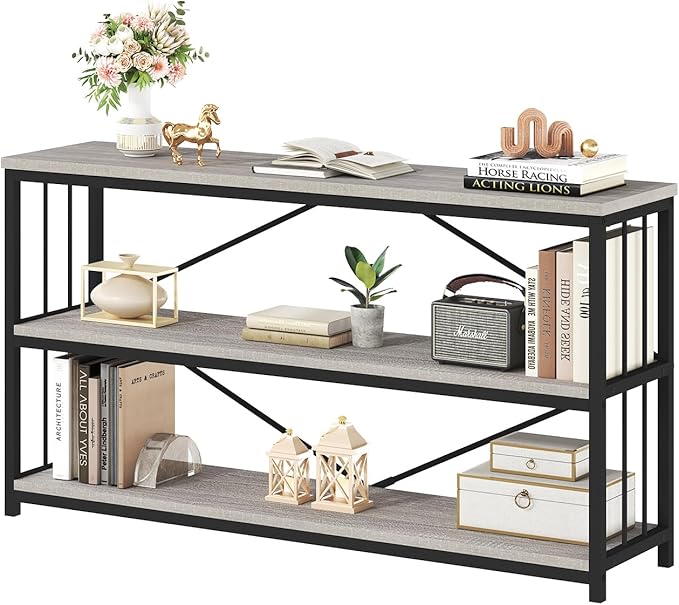 HSH Gray Bookshelf, Industrial Wood Metal Long Bookcase with Storage, Open 3 Tier Bookshelves for Bedroom Living Room, Farmhouse Wooden Etagere Book Shelf for Home Office, Light Grey Oak, 55 Inch