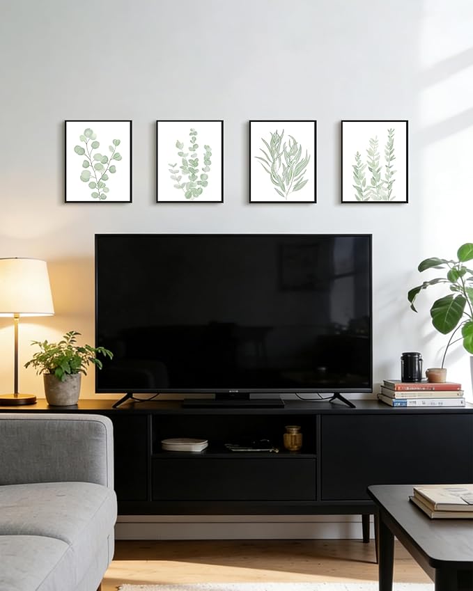 Drsoum Framed Botanical Plant Canvas Wood Wall Art Light Green Sage Wall Decor Eucalyptus Leaf Picture for Home 8āx 10ā x 4pcs Black Framed