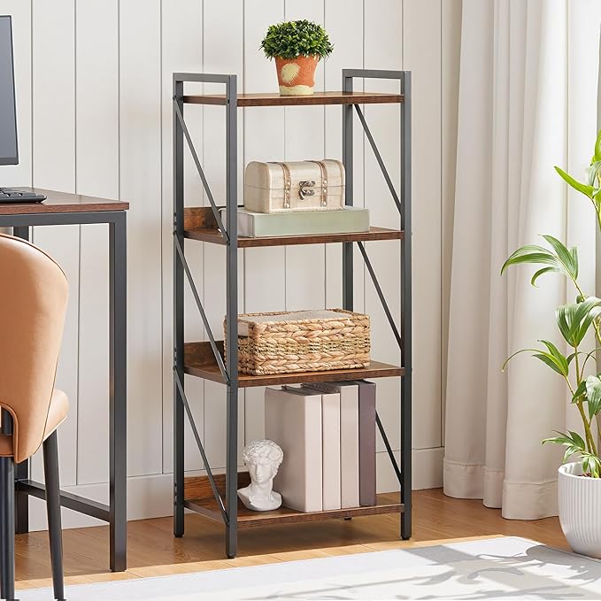HOOBRO Bookshelf, 4-Tier Industrial Bookcase, Book Shelf Storage Organizer, Small Bookshelf with Metal Frame for Living Room, Bedroom, Home Office, Kitchen, Rustic Brown and Black BF40SJ01