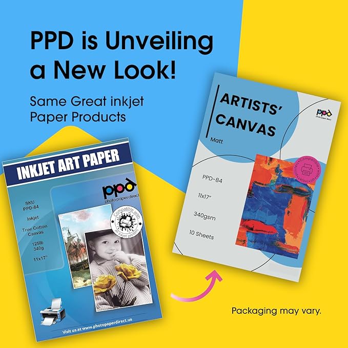 PPD Printable Fabric Sheets, Canvas Paper for Inkjet Printer, 11 x 17" Photo Fabric Printer Sheets, Print On 100% Real Cotton, Matte Finish, No Watermark, 340 gsm 125 lbs (10 Sheets)
