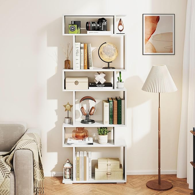 Giantex 6-Tier Geometric Bookshelf, S-Shaped Bookcase with 2 Anti-Tipping Kits, Wooden Display Shelf, Decorative Storage Shelving Unit, Home Storage Organizer for Office Living Room (1,White)
