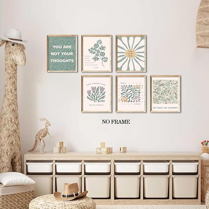 Sage Green Floral Canvas Wall Art Poster Set of 6, Motivational Mental Health Pictures Wall Decor, Inspirational Quotes Botanical Paintings Prints for Therapy Office Living Room Home 12x16in Unframed