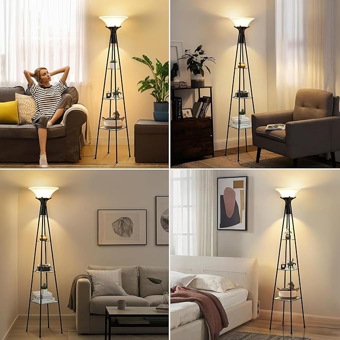 Floor Lamp with Shelves, 69” Tall Shelf Lamp with Remote Control, 3-Tier Glass Shelf Lamp, Dimmable Torchiere Floor Lamps for Living Room, Bedroom, Office, Adjustable Color Temperatures Bulbs Included