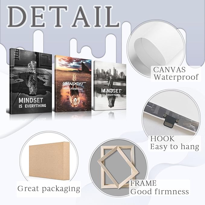 3 Pieces Mindset is Everything Wall Art Inspirational Wall Art Motivational Wall Art Motivational Poster Inspirational Wall Decor Quotes Wall Decor Office Wall Art for Office Decor (16''Wx24''Hx3PCS)
