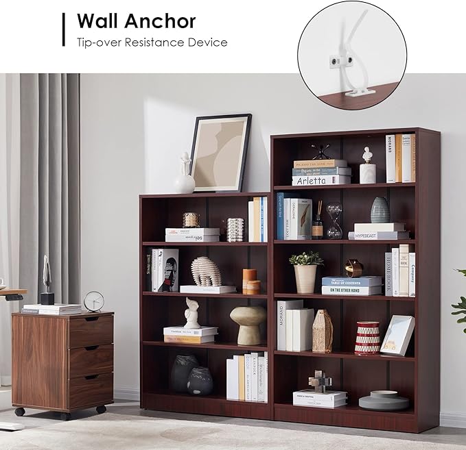 Farini Mahogany Bookshelf for Bedroom 5 Shelf Office Bookcase 60 Inches Tall Modern Wood Bookshelf for Living Room 5 Tier Wide Manga Bookshelves Library Bookcase