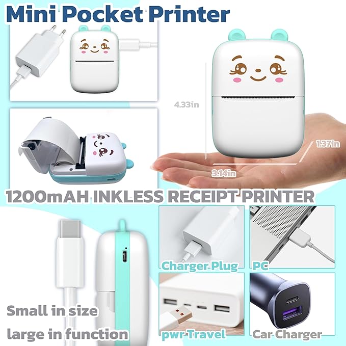 Mini Printer Portable Sticker Printer with 10 PaperRolls,Thermal Printing Pod,Ink-Free Bluetooth Label Maker DIY Crafts,Journals,Photos,Office & Home Use Printing Gift Box