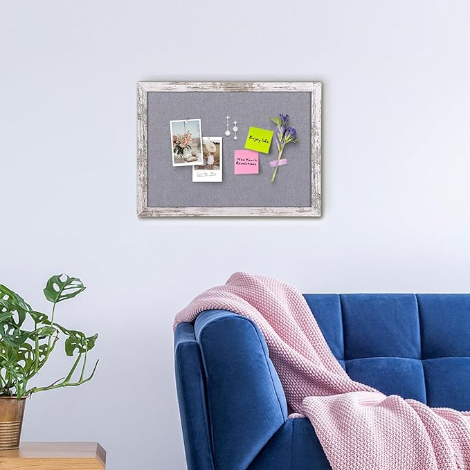 Gray Felt Bulletin Board, 17x13 inches Decorative Hanging Bulletin Boards for Walls with White Rustic Wood Frame, Pin Board Vision Board for Office Home School with Pins (4333,WH,1pc)