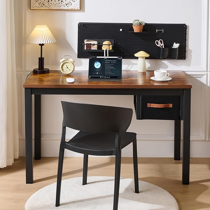 Computer Desk with Drawer, 47 Inch Home Office Work Desks, Modern Writing Study PC Desk Gaming Table for Small Place Bedroom, Thickened Tabletop and Stable Metal Frame Leg(Rustic Brown)