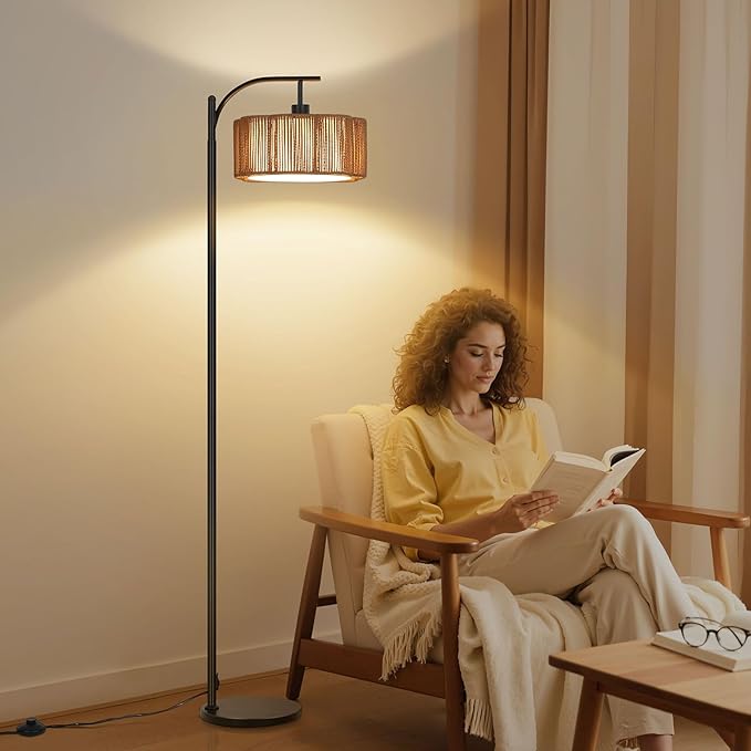 Boho Arc Floor Lamp for Living Room, Modern Rattan Floor Lamp with Foot Switch, Tall Lamp Dimmable 3 Colors Temperature LED Floor Lamps, Bohemian Black Standing Lamp for Bedroom Office