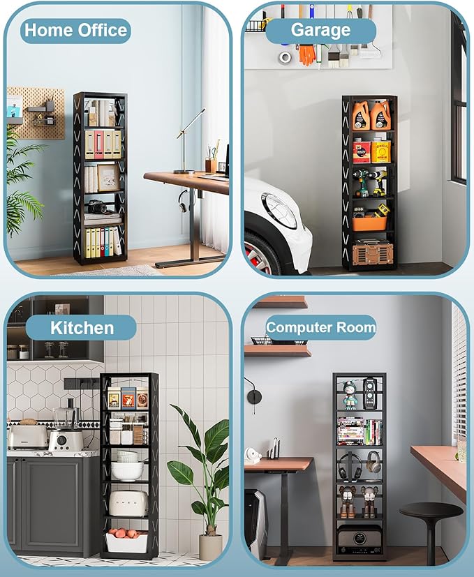 5-Tier Bookshelf, Metal Bookcase with Adjustable Shelves for Home Office, Kitchen and Garage, Modern Corner Tall Shelves with Anti-Tip Kit & Leveling Feet, Heavy-Duty Display Storage Organizer (Black)