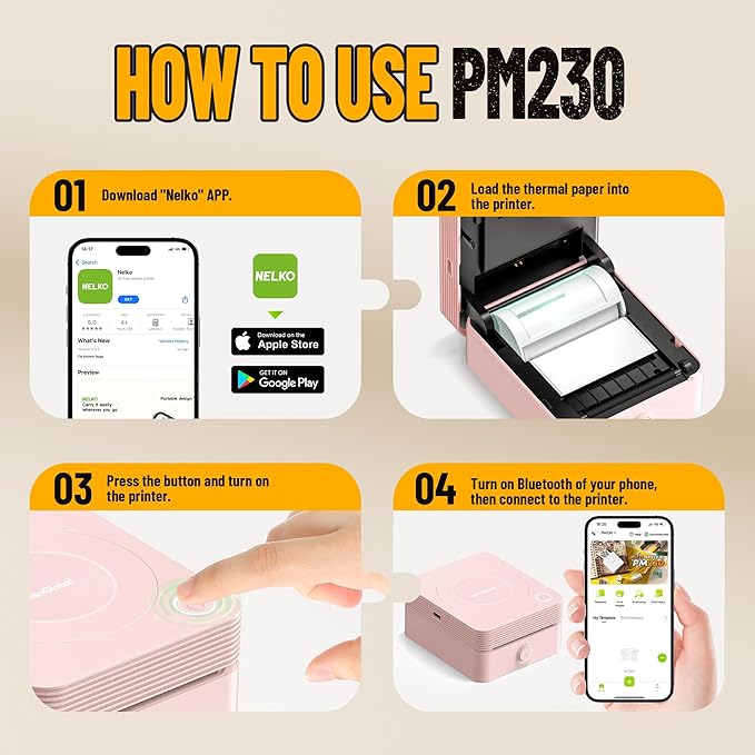 PM230 Sticker Printer, Mini Bluetooth Portabel Sticker Maker with 3 Rolls Paper, Print Pods Mini Printer with Multiple Templates for Phone & Tablet,for Office School Home, Light Pink