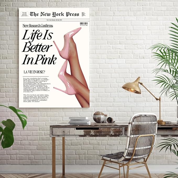 Balsuka Trendy Baby Pink Hot Girl Poster Life Is Better In Pink Newspaper Wall Art Retro High Heel Picture 70s News Headline Canvas Prints Aesthetic Decor for Girly Bedroom Dorm 8x12inch Unframed
