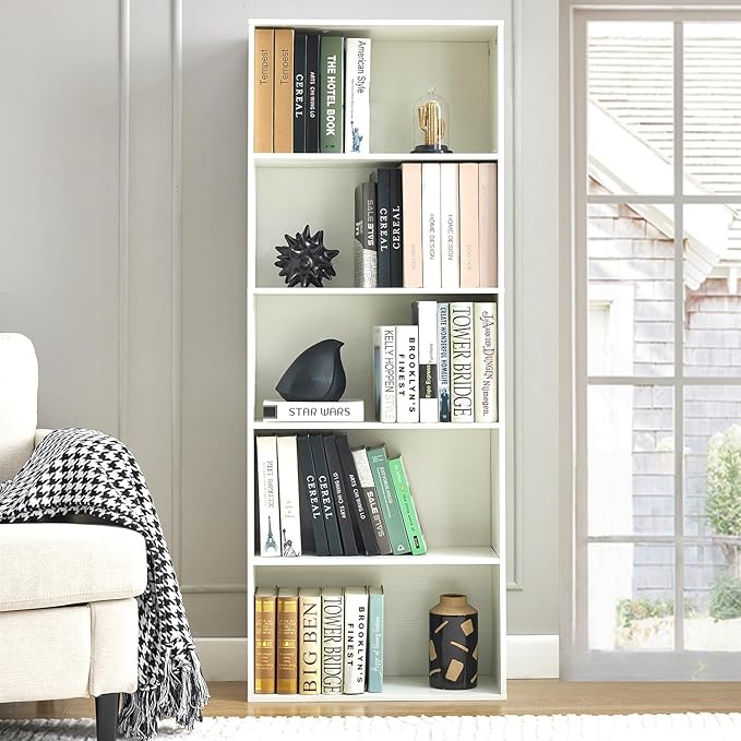 Tall Bookshelves with Cabinet, Office Storage Cabinets and Bookshelf, 5-Tier Wooden Bookcase with Storage, Floor Standing Display Cabinet Shelves for Living Room, Home Office, White
