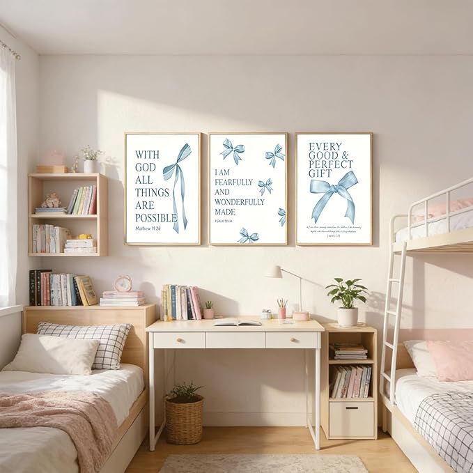 3 Pcs Blue Bow Wall Art Inspirational BiblePreppy Painting Pictures Wall Decor Blue Bow Bible Posters Prints Artwork Aesthetic for Girls Room College Apartment Living Room Bedroom Unframed