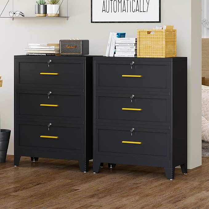 3 Drawer File Cabinet with Lock, Metal Lateral File Cabinets for Home Office, Steel Wide Filing Organization Storage Cabinets, Home Office Furniture for Hanging Files Letter/Legal/F4/A4 Size