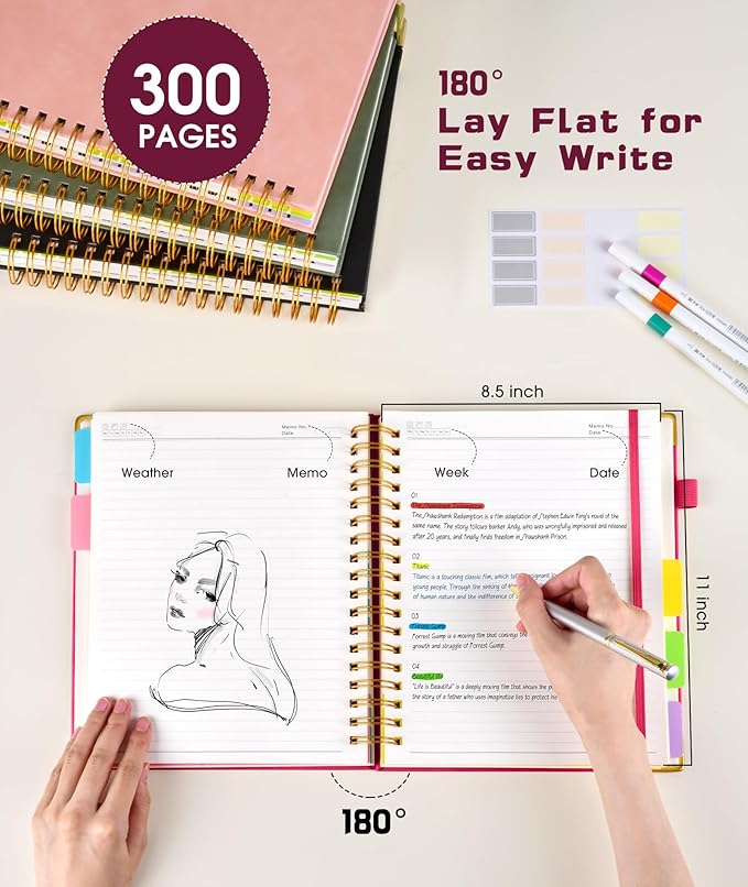 Hardcover Spiral Notebook 8.5"x11" Journal with Removable Dividers Tabs, 300 Pages Leather 5 Subject Notebook College Ruled, Large A4 Notebooks for Work School, Lined Journal for Women, A4 Rose