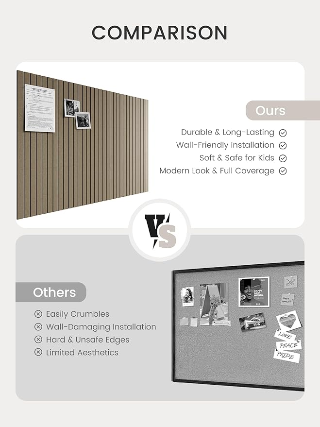 Bumusty Large Cork Board Alternative-48 x 36" Felt Bulletin Board Tiles, with 30 Pushpins, 70 Adhesive Tabs, 12-Pack Slat Wall Paneling, Cork Boards for Office Push Pin Board Felt Board-Earth Brown