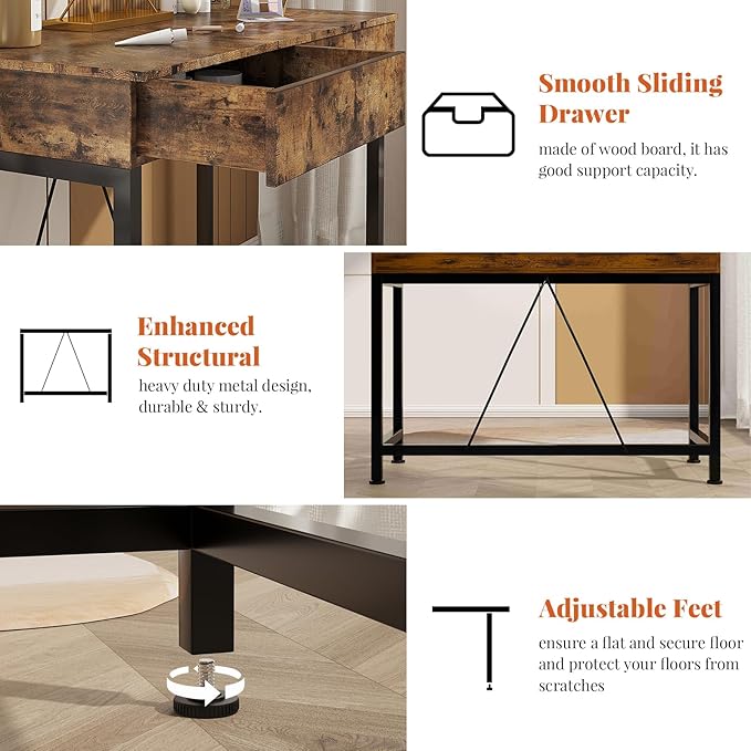 VERMESS 40 Inch Solid Wood Desk with Drawers, Small Computer Desk for Small Space,Modern Makeup Vanity Desks No Mirror, Writing/Study/Work Table for Home Office, Kids Desks for Bedroom, Rustic Brown