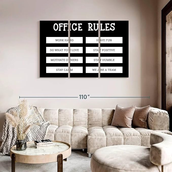 Elephant Stock - Office Rules Wall Art - Horizontal Multi Panel Canvas - 3 Piece Home Office Wall Decor - Digital Art Motivational Typography Multi Piece Wall Art - Black And White Decor by Cad Designs - 74" x 48"