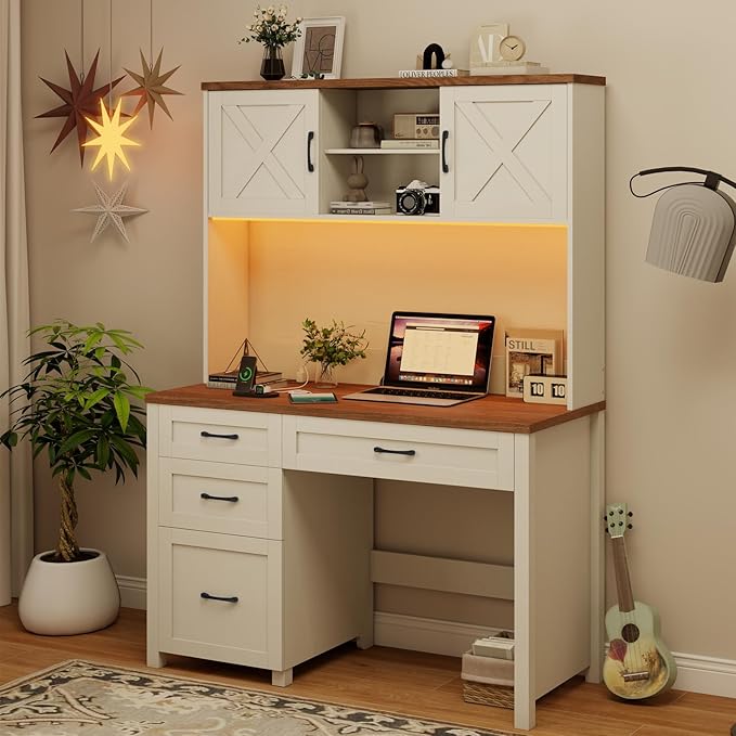 Farmhouse 67" H Executive Desk with Hutch,Computer Desk with 4 Drawers and LED light, Office table with Storage Cabinet & File Drawers and Charging Station, Workstation for Home Office and Study