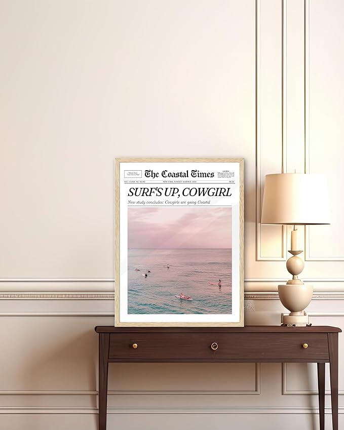 iHery Small Framed Trendy Coastal Cowgirl NewsPaper Wall Art Prints,Beige OAK Wood 8x10in Canvas Wall Decor For Bedroom,Western Vintage Bar Cart,Dorm Retro Surfing Up Home Décor 1Pack
