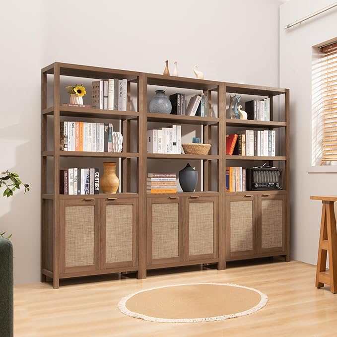 SICOTAS Bookshelf 5 Tier Book Shelf Rattan Boho 71" Tall Bookcase with Doors Storage Shelves Large Bookshelves Farmhouse Bookcases Library Book Case for Living Room Bedroom Home Office Kitchen | Book Shelf, Bookcase, Storage Shelves, Large Bookshelves,...