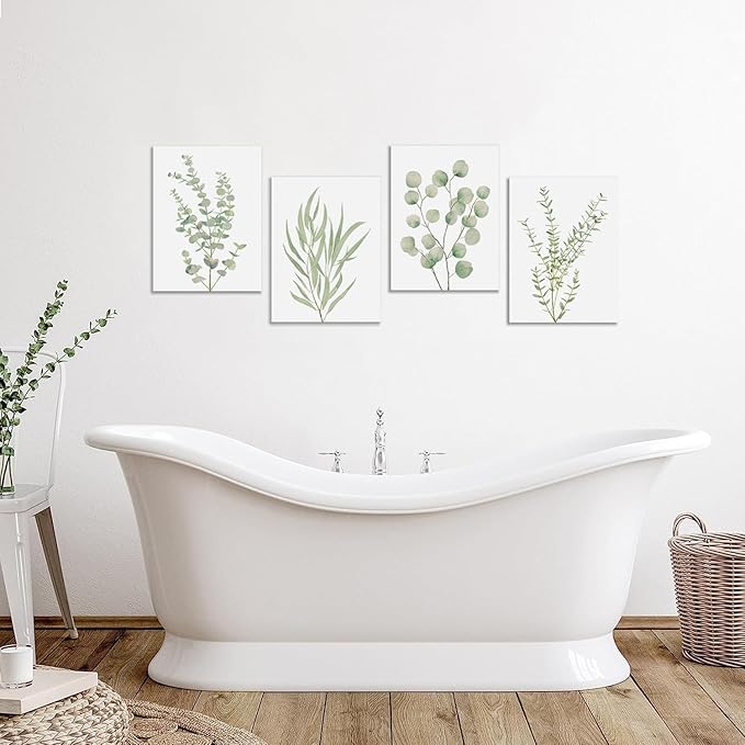Erctoo Botanical Wall Art for Bathroom, Framed Canvas Office Wall Art 12”x16” Sage Green Plant Wall Decor for Bedroom, Light Green Boho Eucalyptus Leaf Sets of 4PCS