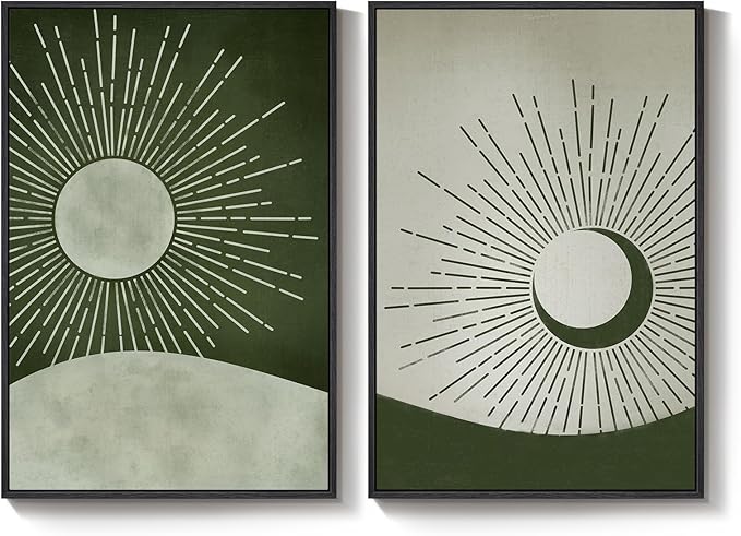Framed Green Boho Abstract Wall Art Set of 2 for Living Room, Sun and Moon Mid Century Modern Canvas Artwork for Walls, Minimalist Sunburst Bohemian Print Wall Decor for Bedroom Home Office, 24x36 In