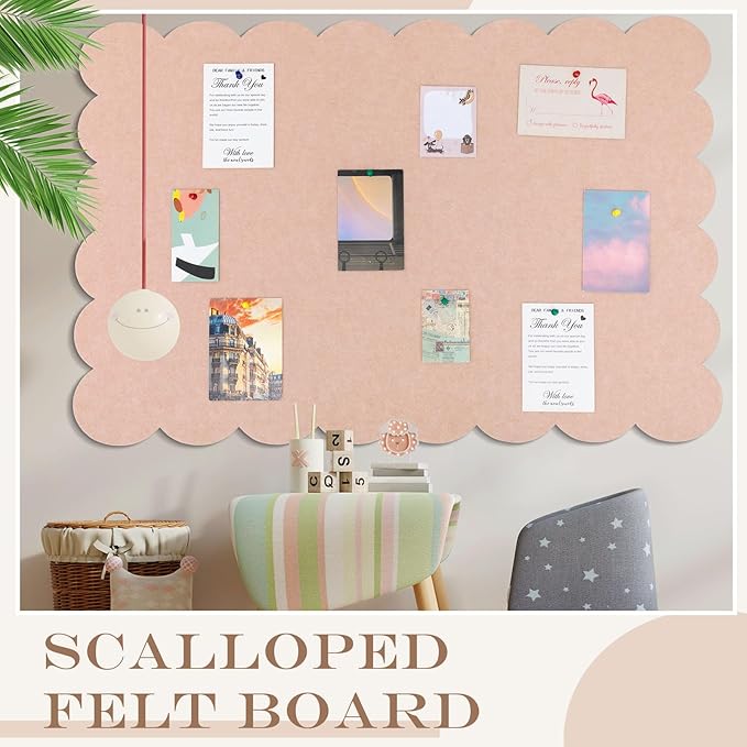 Scalloped Felt Bulletin Board 72 x 48 Inches Foldable Flesh Pink Pin Cork Board Alternative for Wall, 6' x 4' Trifold Picture Vision Self Adhesive Bulletin Decorative