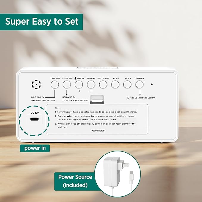Peakeep Digital Clock, Alarm Clock Battery Backup Powered for Bedrooms ā Mirror Face Large Numbers 6 Dimmer for Seniors, Super Loud for Heavy Sleepers (White)